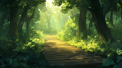 Serene wooden pathway in sunlit forest, green nature background, perfect for meditation themes. Emerald Forest Pathway. Illustration