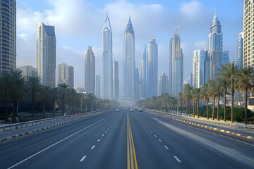 Fototapeta premium Photo Dubai Marina Skyline Highway Palm Trees Urban Cityscape