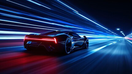 Futuristic sports car speeding through neon lights, blue and red, symbolizes innovation