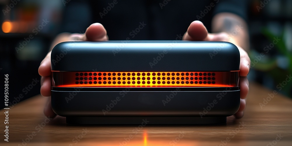 Poster hands holding a sleek black device with an illuminated red section on a wooden table at a modern wor