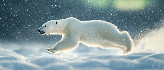 Naklejka premium playful polar bear leaps gracefully through snowy landscape, showcasing its agility and strength amidst falling snowflakes. scene captures beauty of winter wildlife