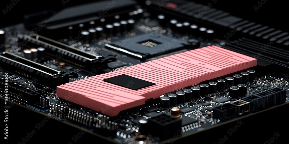 Poster close-up view of a motherboard featuring a pink cooling module and various components on a dark back