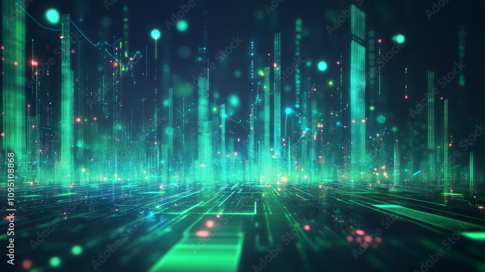Poster abstract digital cityscape with glowing lines and particles.
