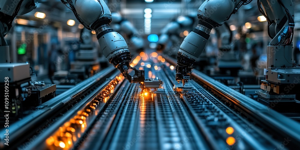 Poster robotic arms assembling components on a factory production line during nighttime operations
