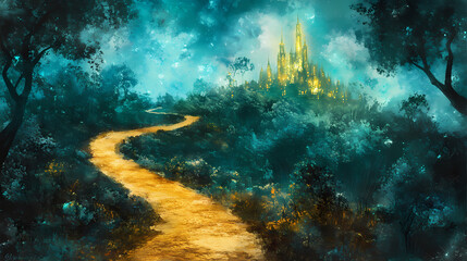 Obraz premium Enchanted golden pathway winding through a lush forest leading to a shimmering emerald city on the horizon painted in dreamy watercolors. Emerald Forest Pathway. Illustration