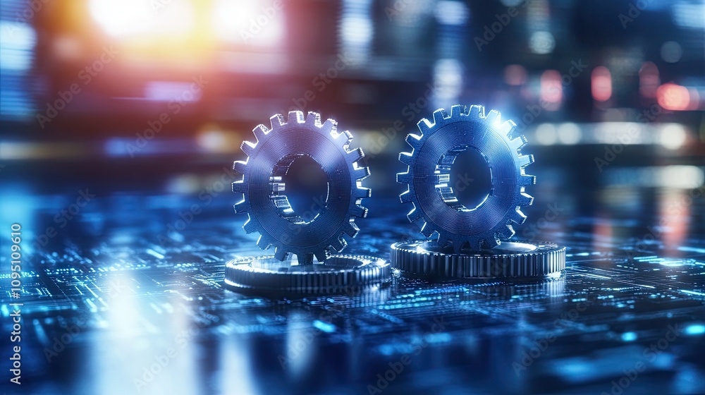 Poster metallic gears on a futuristic background with glowing elements and circuit board patterns, symboliz