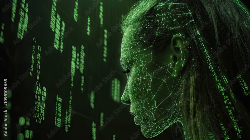 Aufkleber futuristic portrait of a woman with digital network overlay demonstrating artificial intelligence an