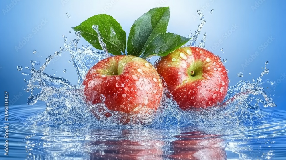 Poster fresh red apples splashing into clear water with leaves surrounded by bubbles, capturing the essence