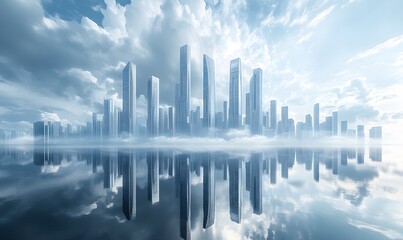 Futuristic Cityscape with Cloudy Horizon, A futuristic city skyline with sleek, high-rise buildings