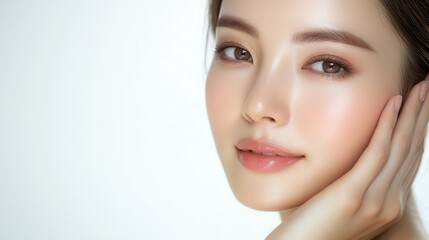 Beautiful young woman with healthy glowing skin and gentle expression, showcasing flawless makeup and natural beauty in a minimalist style setting.