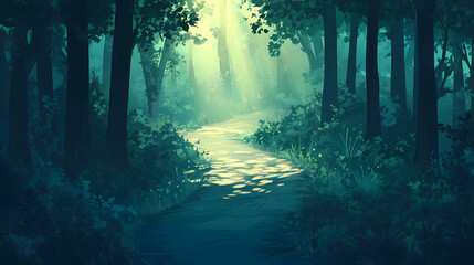 Obraz premium A winding path through a dense forest, lined with tall trees, sunlight filtering through the leaves. Emerald Forest Pathway. Illustration