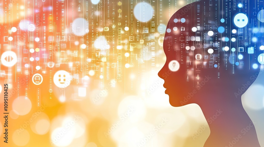 Poster silhouette of a human head with digital data and icons representing technology, innovation, and comm