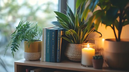 A cozy corner featuring books, lush plants, and a calming candle, perfect for relaxation and inspiration in any space.