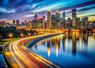 Obraz premium Stunning Long Exposure Nightscape for LinkedIn Banner, Featuring Vibrant City Lights and Soft Water Reflections, Ideal for Professional Networking and Creative Branding