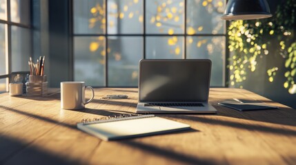 clean wooden workspace with laptop, coffee mug, and notebook