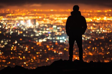 Fototapeta premium A person stands atop a hill, looking out over the city skyline at night
