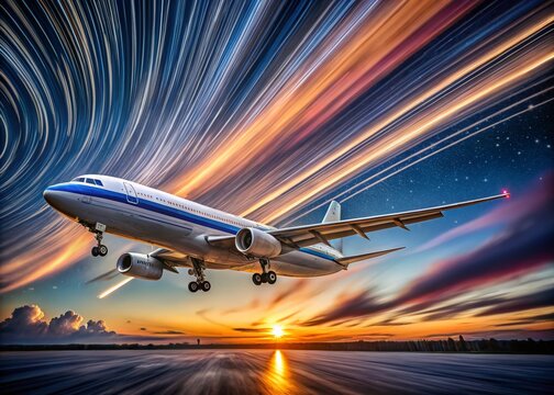 Stunning Long Exposure of a Vintage Douglas DC-8 in Flight Against a Twilight Sky with Star Trails and Blurred Clouds, Capturing the Essence of Classic Aviation and Travel