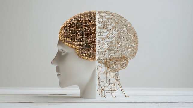 Modern Concept of Artificial Intelligence and Human Brain Integration, Showcasing a Half-Head Sculpture with Circuit Board and Light Elements, Symbolizing Technology and Innovation