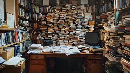 Obraz premium Photo Cluttered Home Office Books Desk Papers