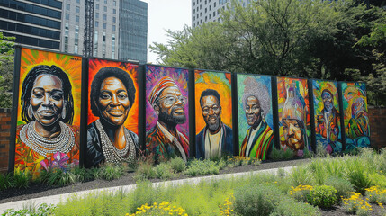 Colorful mural of influential Black figures in an urban park
