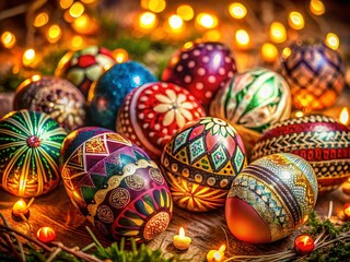 Fototapeta premium Stunningly Decorated Easter Eggs in Vibrant Colors with Beautiful Patterns Captured in Low Light for an Enchanting Holiday Atmosphere