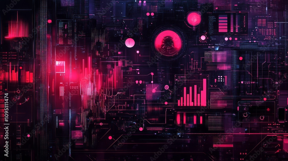 Poster abstract digital data stream with pink and red glowing lines, graphs, and circles on dark background