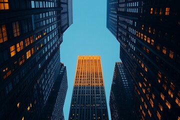 Golden Hour Skyscrapers Urban Canyon Window Patterns