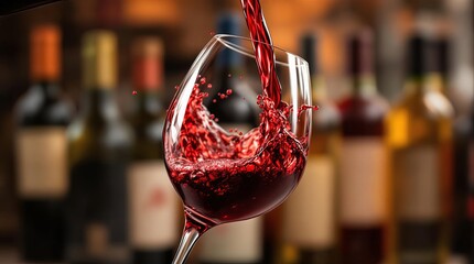 Red wine pouring into glass, rich splash, elegant focus, ideal for dining decor