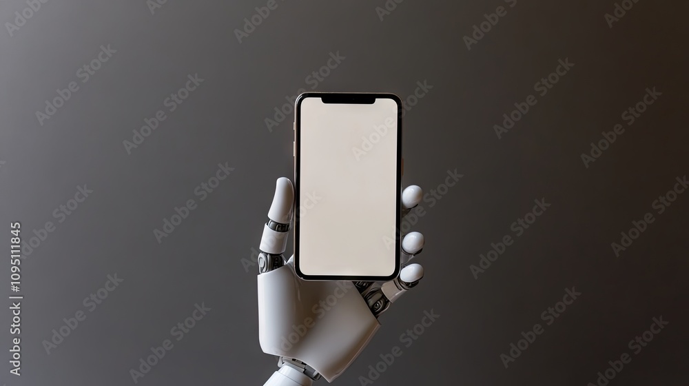 Poster futuristic robot hand displaying smartphone with blank screen against dark background for technology