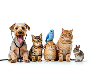 Pets on White Background – Dog Wearing Stethoscope with Cat, Rabbit, Bird, and Guinea Pig
