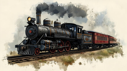 Naklejka premium Vintage Steam Train Illustration - Railway History