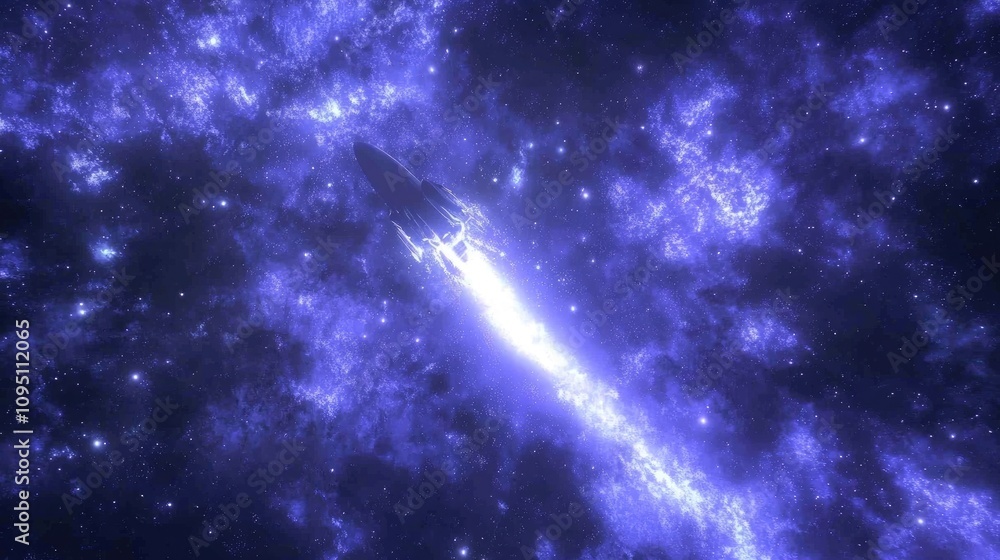 Poster futuristic spaceship soaring through a vibrant cosmic nebula in deep space adventure with dazzling s