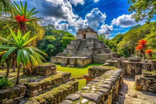 Stunning Macro Photography of San Gervasio Mayan Ruins, Showcasing Intricate Details of Ancient Stone Structures Surrounded by Lush Jungle and Vibrant Flora in Mexico's Quintana Roo.