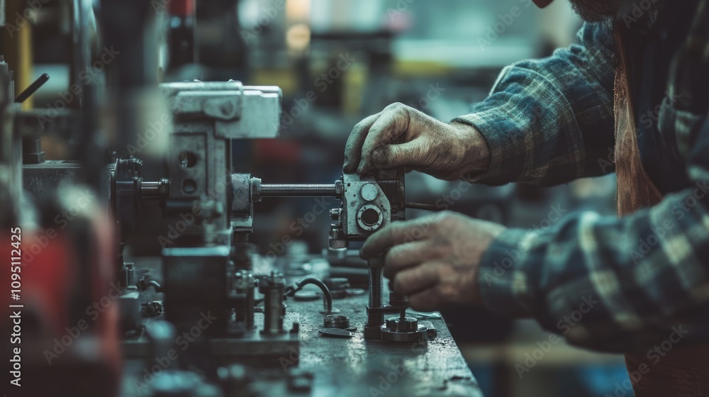 Poster a skilled worker adjusting a metal component on a machine