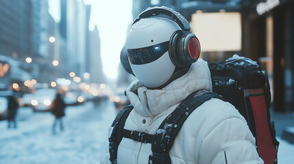 Fototapeta premium Robot dressed in sportswear and headphones in his ears, walking around New York City in winter