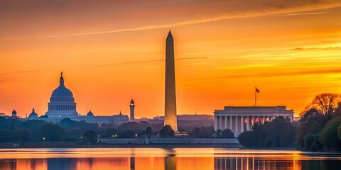 Stunning Minimalist Photography of the Washington DC Skyline at Sunset, Capturing Iconic Landmarks and Serene Urban Landscapes in a Calming Color Palette