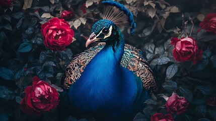 Peacock and Roses in Lush Foliage
