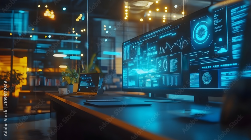 Poster A coworking space integrating 3D interactive gaming rewards systems with 2D floating metrics for employee engagement. 4k resolution, Cinematic Scene