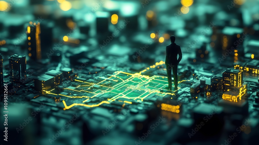 Poster a hybrid professional analyzing 3d glowing progress maps with gamified incentives, supported by 2d g