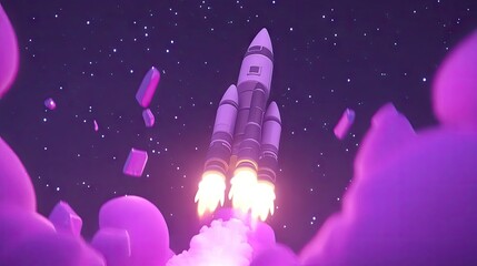 Naklejka premium Stunning Digital Illustration of a Rocket Launching Through a Vibrant Galaxy Filled with Stars and Clouds, Capturing the Essence of Space Exploration and Adventure