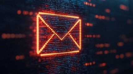 Futuristic Email Icon with Binary Code Background in Vibrant Orange and Blue Colors Representing Digital Communication and Technology Concepts