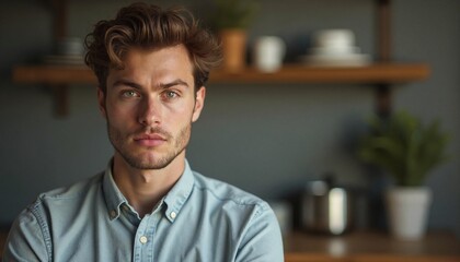 Obraz premium Man with intense gaze posing in casual home setting