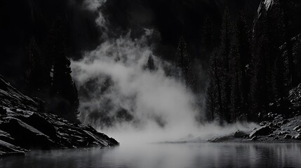 Misty Morning on a Mountain Lake with Silhouetted Trees