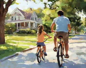 A father and daughter ride bicycles together on a sunny day through a peaceful suburban neighborhood lined with trees and houses.