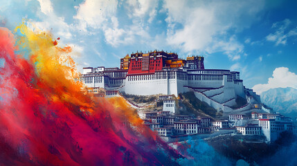 Fototapeta premium big colorful Potala Palace emerging from an artist s paint brush, representing the freedom of imagination