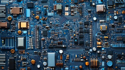 Close-up of a detailed electronic circuit board featuring various components on a blue background, ideal for technology projects.