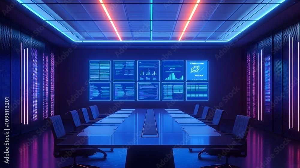 Aufkleber A hybrid meeting room integrating gamified task distribution systems with 3D glowing team performance boards and 2D animated results. 4k resolution, Cinematic Scene