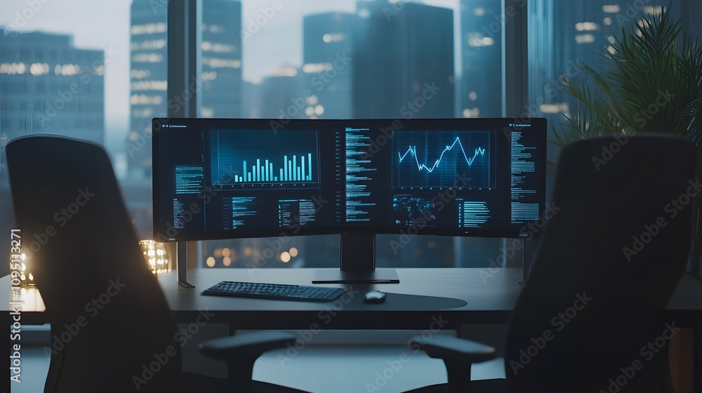 Aufkleber A minimalist office setup featuring AI-powered holographic assistants displaying 3D glowing data charts with 2D actionable insights. 4k resolution, Cinematic Scene