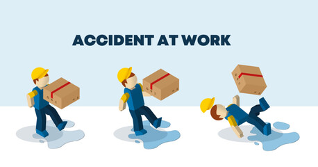 Accident at work, isometric character falling or slipping down