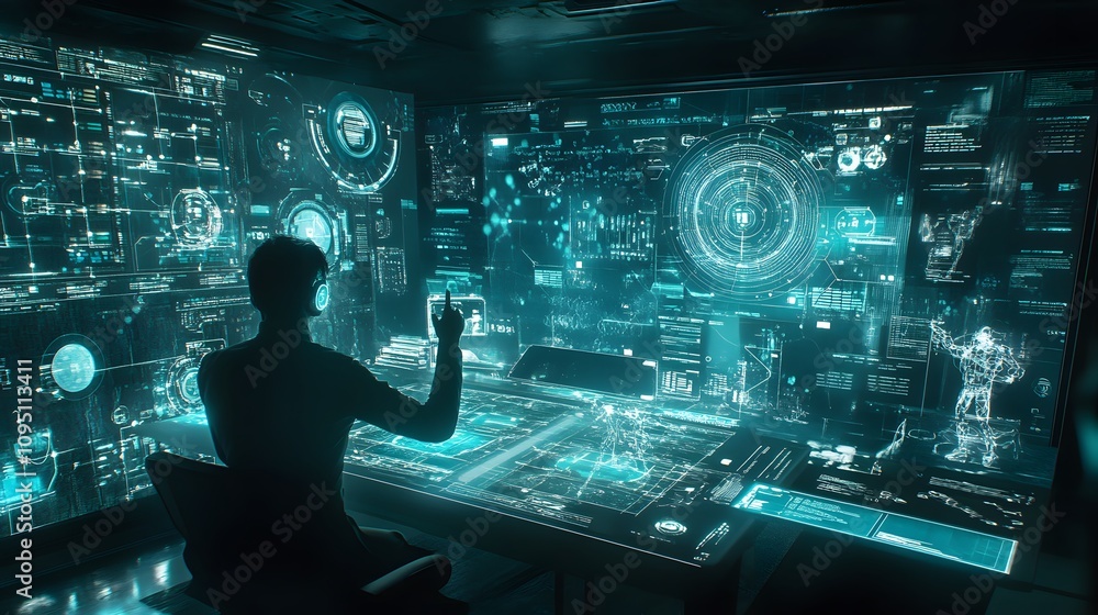 Poster A collaborative brainstorming session featuring AI-powered holographic assistants with 3D glowing decision paths and 2D task visuals. 4k resolution, Cinematic Scene
